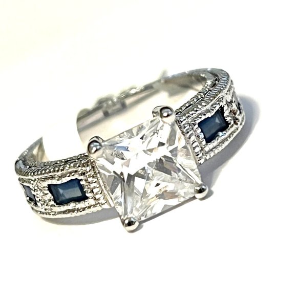 Sapphire Engagement Ring Size 8 9 10 Blue Cubic Zirconia Simulated RhodiumPlated - Picture 1 of 9